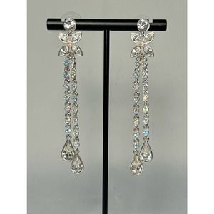 Signed Givenchy Silver Clear Crystal Drop Earrings 3"